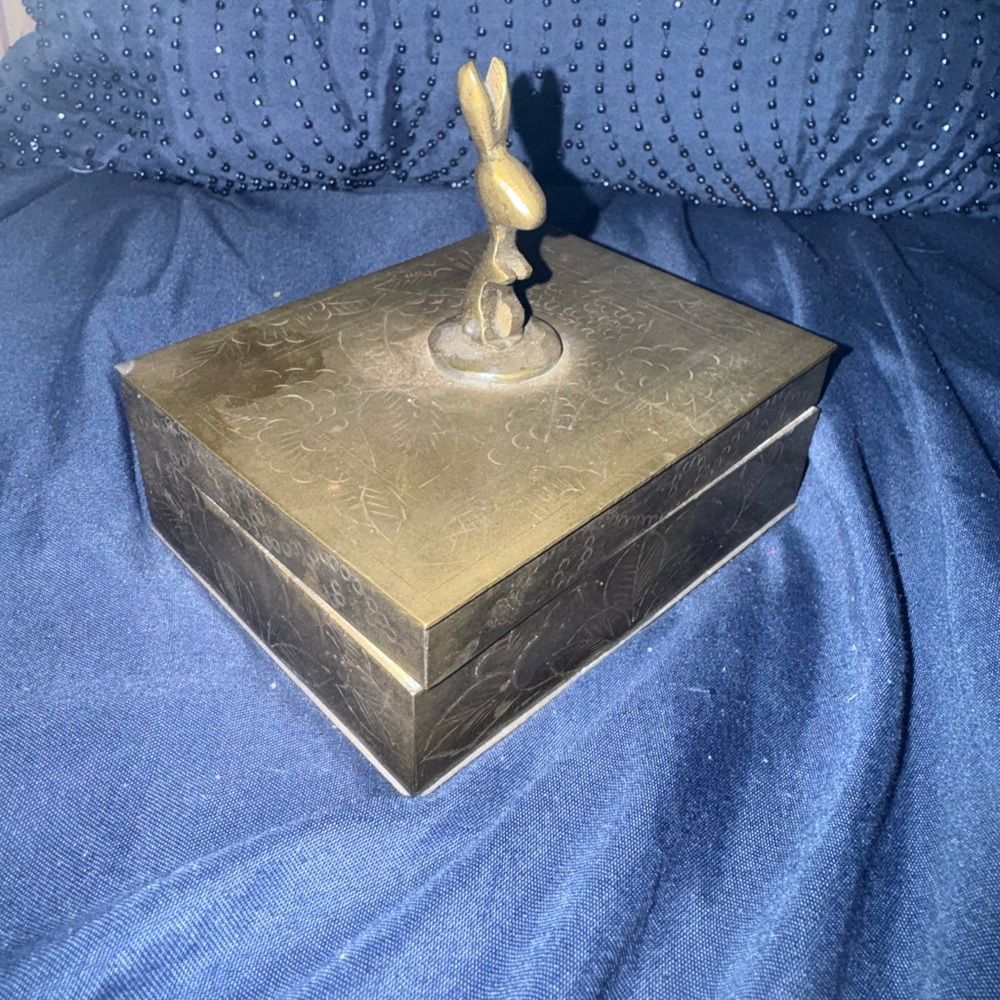 Brass Rectangular Trinket Box with Bunny Finial